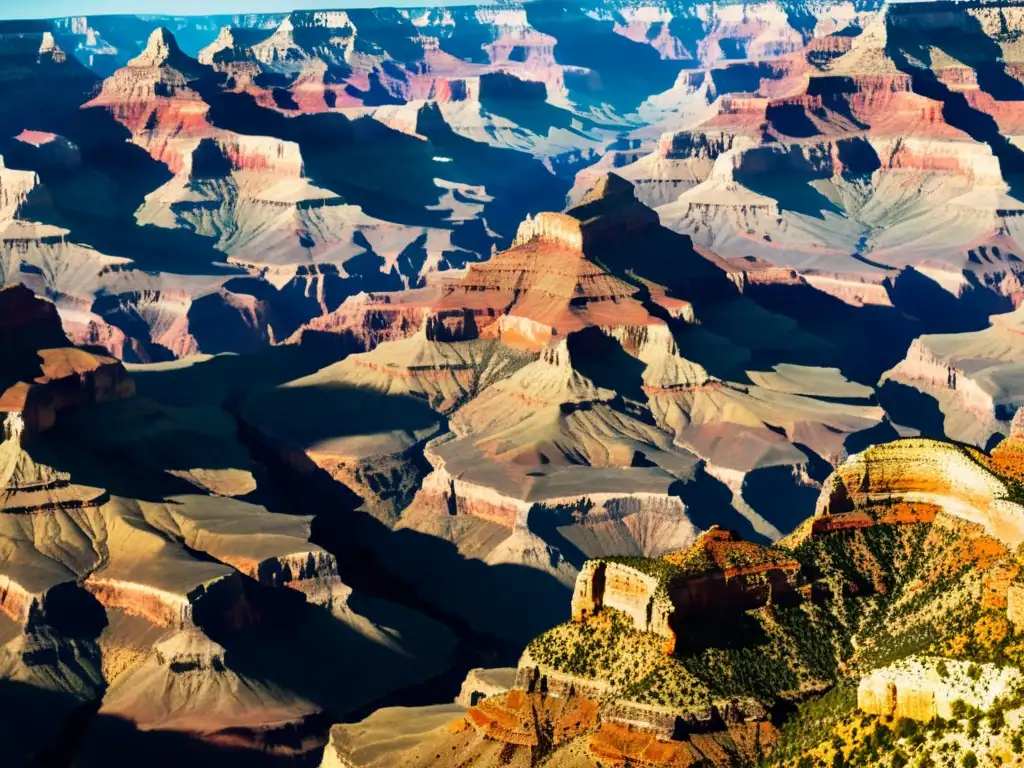 Una fotografía vintage de alta resolución del Gran Cañón, con texturas geológicas paisaje mundial en tonos terrosos y dramáticas sombras