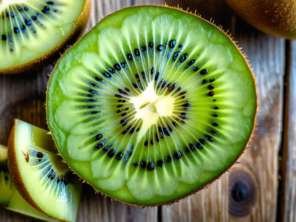 Una fotografía vintage de alta resolución muestra patrones fractales en vegetales y frutas con un kiwi en espiral, resaltando su diseño intrincado y vibrante