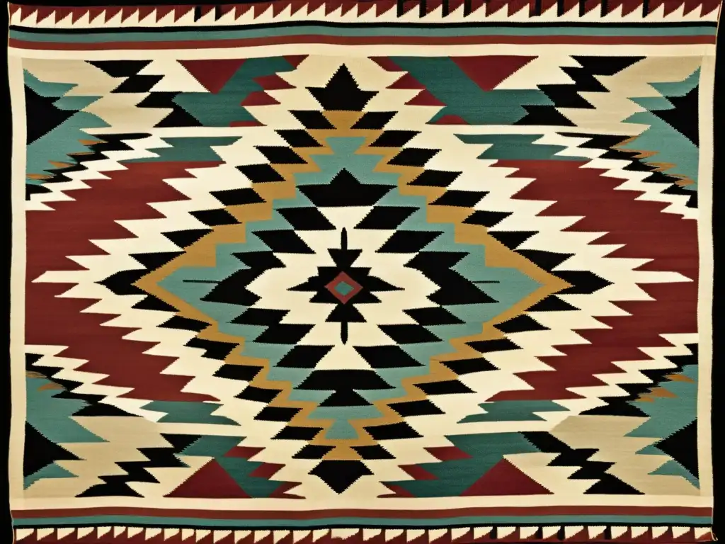 Una fotografía vintage de alta resolución de un tapete tradicional Navajo, con intrincados diseños geométricos y ricos colores terrosos