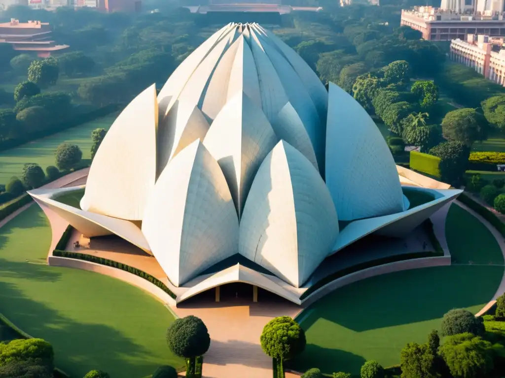 Fotografía aérea de alta resolución del Templo de Loto en Nueva Delhi, India, destacando los patrones geométricos de su exterior de mármol