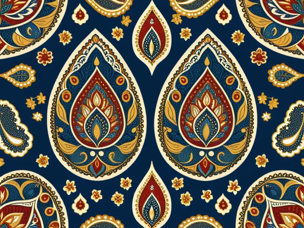 Patrón persa: Elegancia atemporal en indigo, oro y carmesí Una ilustración vintage de alta resolución de un patrón tradicional persa paisley en tonos de índigo, oro y carmesí