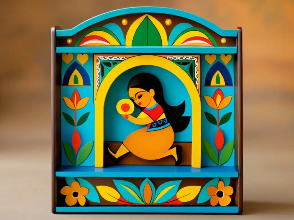 Retablo ecuatoriano con diseño folclórico y patrones vibrantes evocando la herencia cultural y la narrativa tradicional