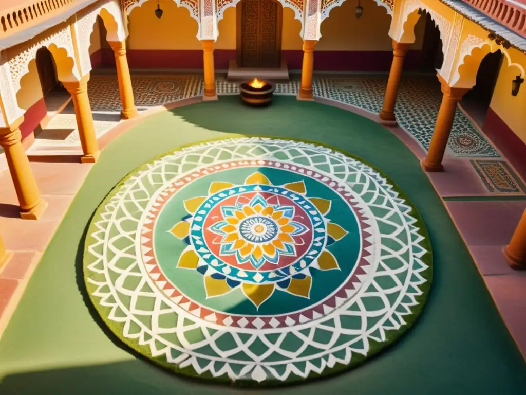 Retiro de creación de mandalas y geometría sagrada en un tranquilo patio hindú, con colores vibrantes y una atmósfera serena