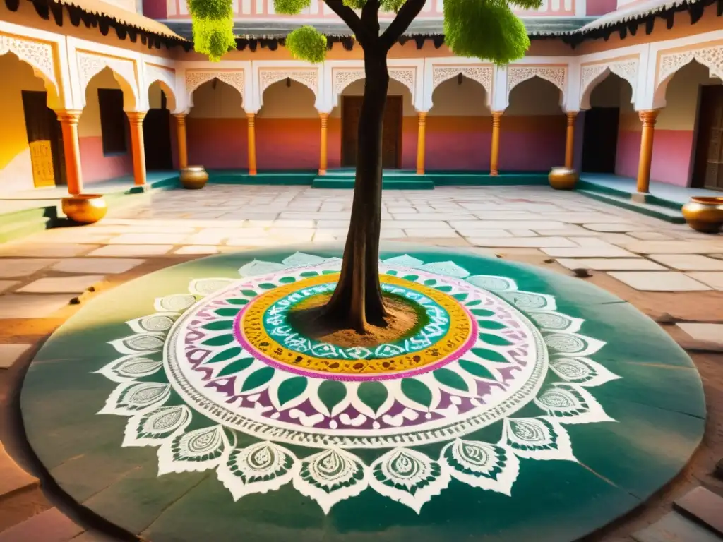 Un retiro de creación de mandalas en un patio sereno de la India, con diseños geométricos vibrantes y una atmósfera cultural enriquecedora