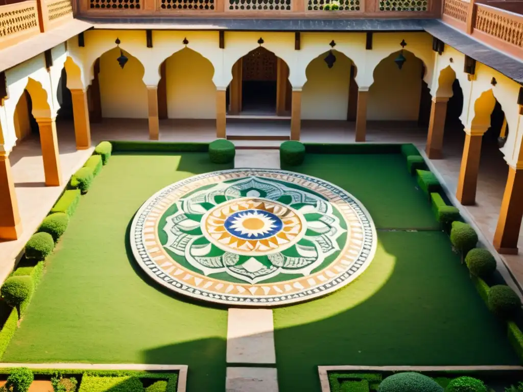 Retiro de creación de mandalas en un tranquilo patio en la India, con patrones geométricos y una atmósfera serena