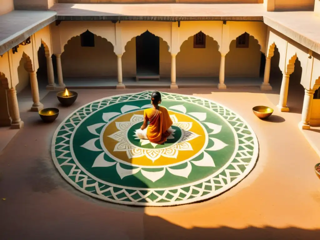 Un retiro de creación de mandalas en un tranquilo patio de la India, con detalles geométricos y colores vibrantes