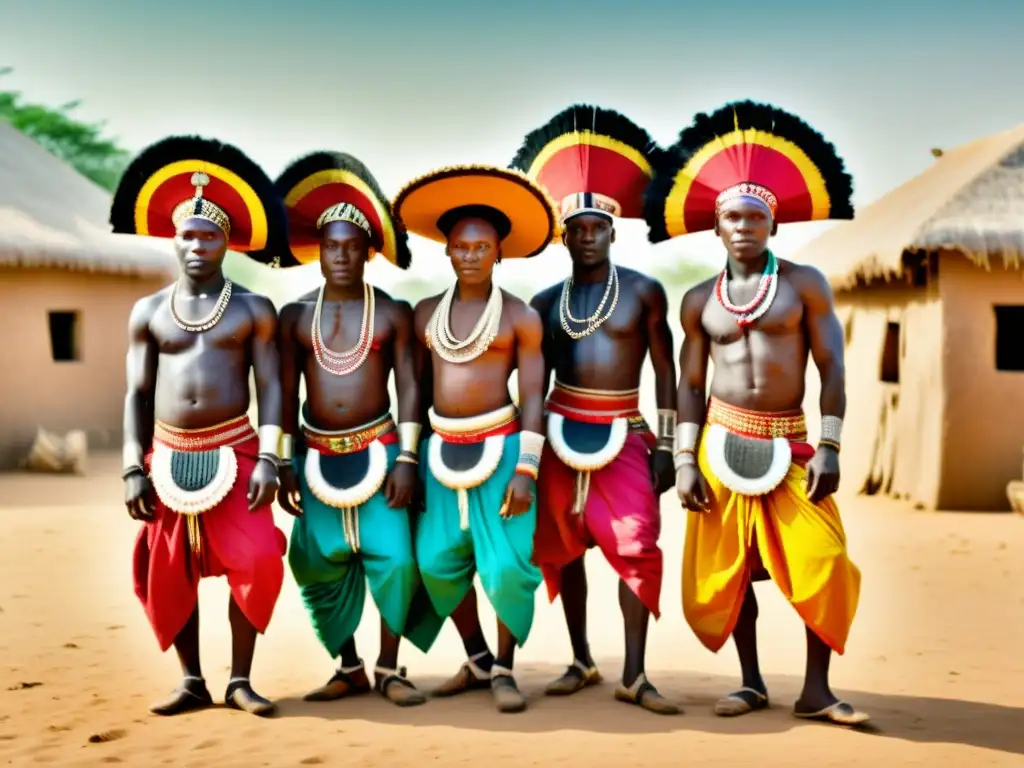 Un retrato detallado de bailarines tribales nigerianos en el Festival Nacional de Arte, con sus coloridos patrones tradicionales y energía dinámica