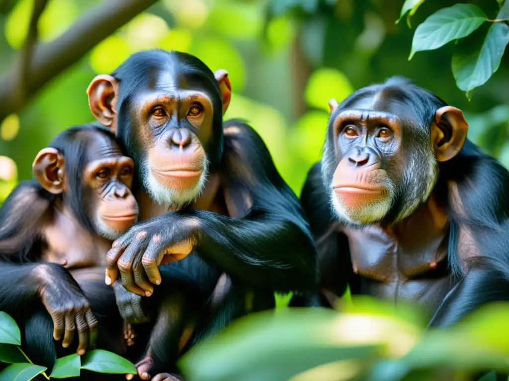 Vida salvaje: Chimpancés en su hábitat natural Un retrato detallado de chimpancés en su hábitat natural, interpretando patrones de comportamiento animal con expresiones y gestos fascinantes