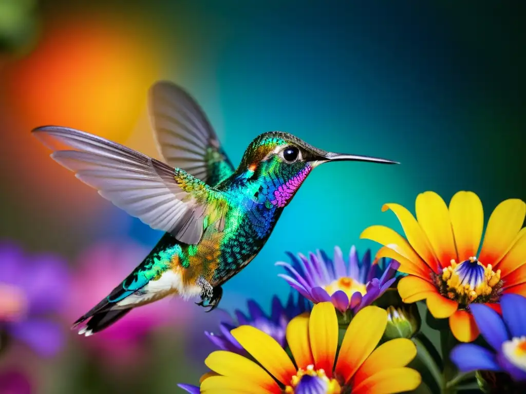 Un retrato fascinante de un colibrí y flores ultravioleta, revelando patrones y colores iridiscentes