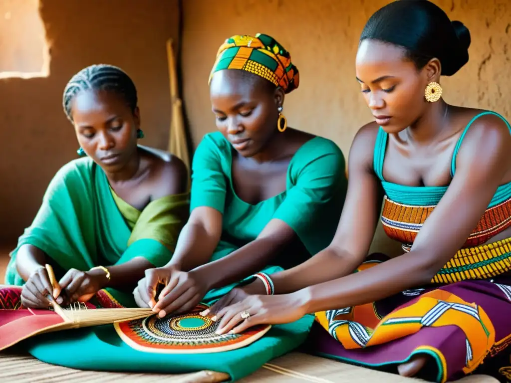 Un retrato de mujeres africanas tejiendo textiles tradicionales con colores vibrantes y patrones intrincados, mostrando la destreza artesanal y la importancia cultural de los textiles africanos