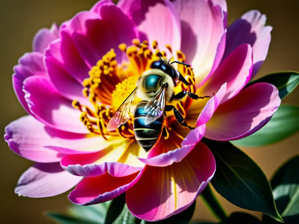 Un retrato nostálgico de una abeja cubierta de polen sobre una peonía rosada, resaltando la interacción entre polinizador y flor