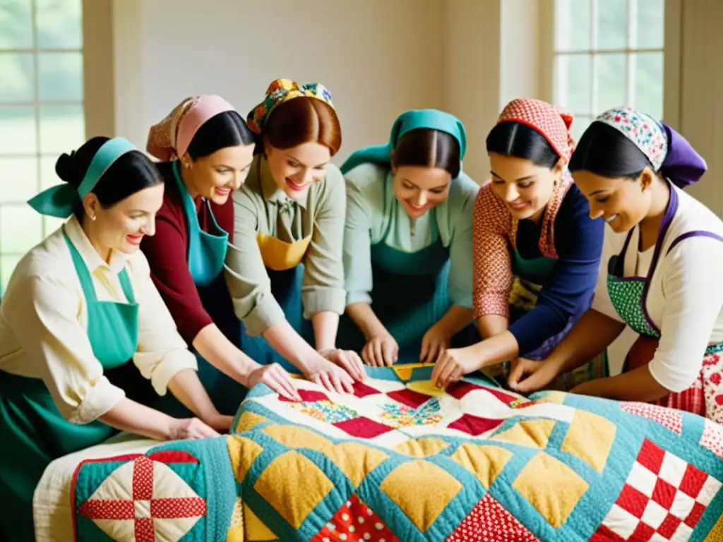 Un retrato nostálgico de mujeres estadounidenses con vestimenta tradicional, creando un quilt con patrones geométricos y colores vibrantes