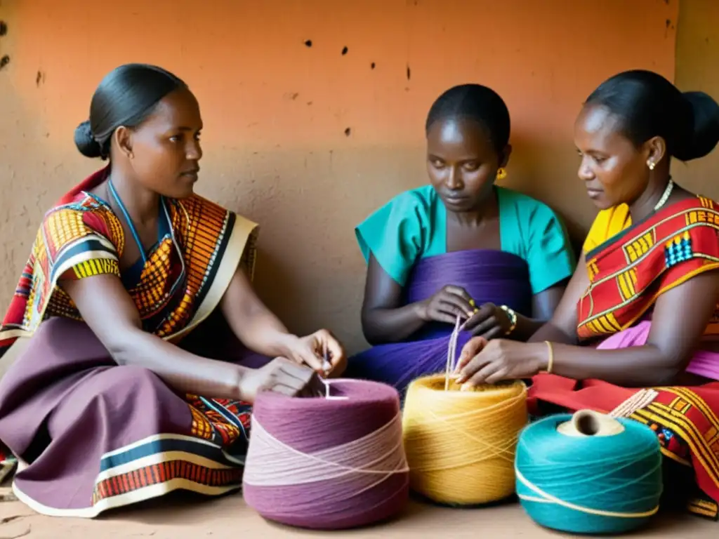 Un retrato de alta resolución estilo vintage de mujeres Tutsi en trajes tradicionales tejiendo textiles coloridos