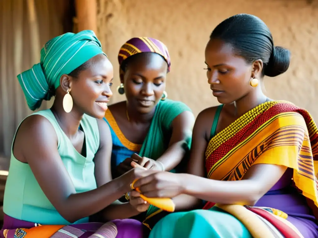 Un retrato vibrante de mujeres africanas tejiendo textiles, contando historias de migración y resistencia a través de sus coloridas creaciones