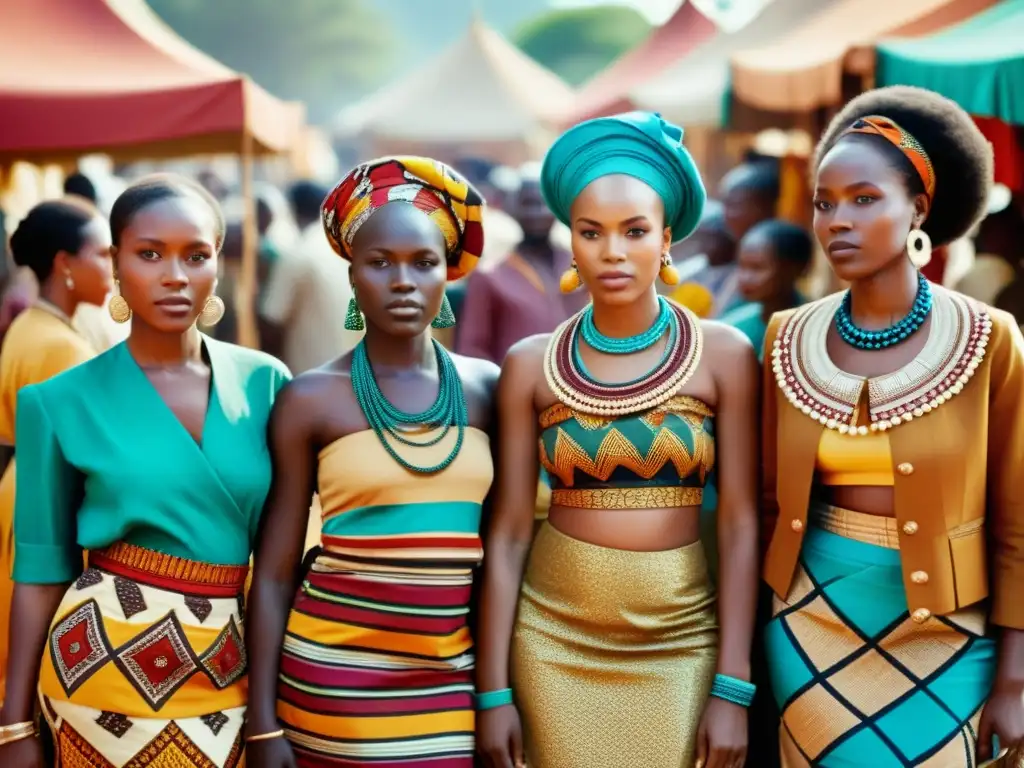 Grupo de mujeres africanas en mercado con trajes tradicionales Un retrato vibrante de mujeres africanas luciendo patrones tradicionales en un bullicioso mercado