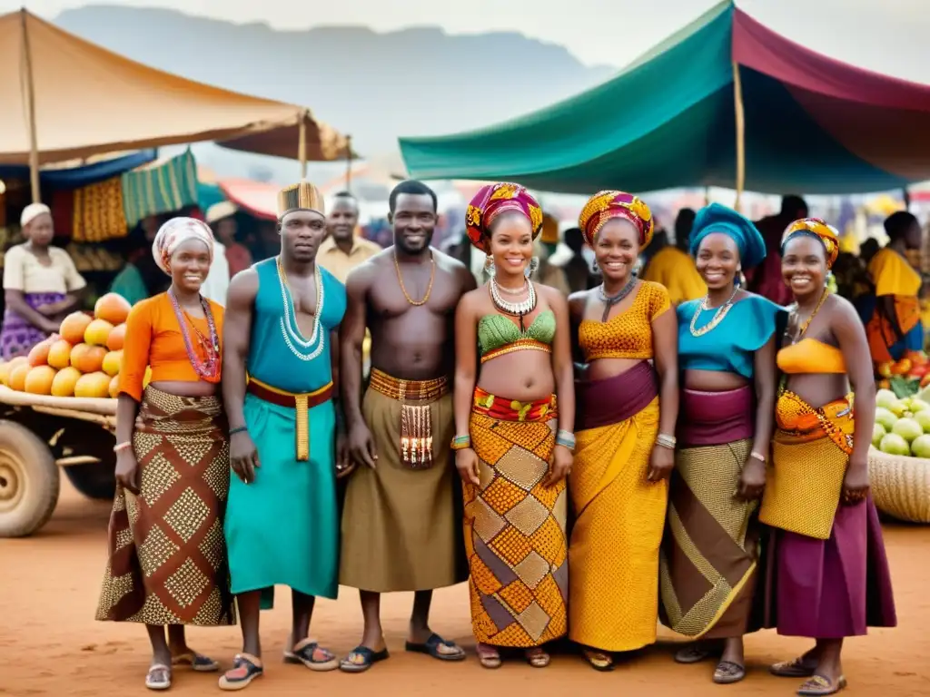 Mercado africano: moda tradicional y comunidad Un retrato vintage de africanos con patrones tradicionales en un bullicioso mercado africano