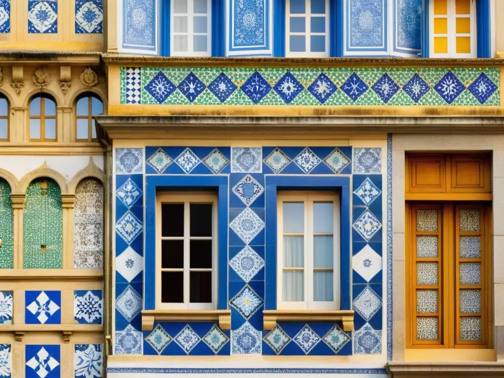 Un retrato vintage en alta resolución muestra un mosaico colorido de Azulejos en un edificio histórico de Río de Janeiro