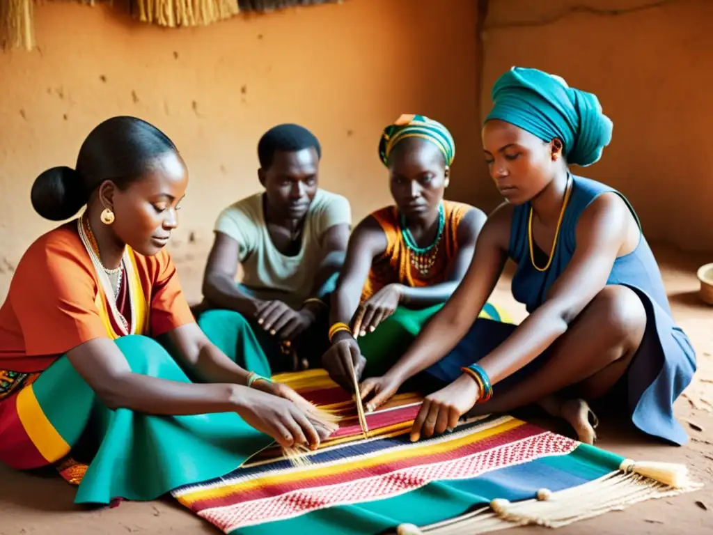 Un retrato vintage de artesanos africanos tejiendo patrones coloridos en telas tradicionales, en un entorno rústico que irradia tradición y artesanía