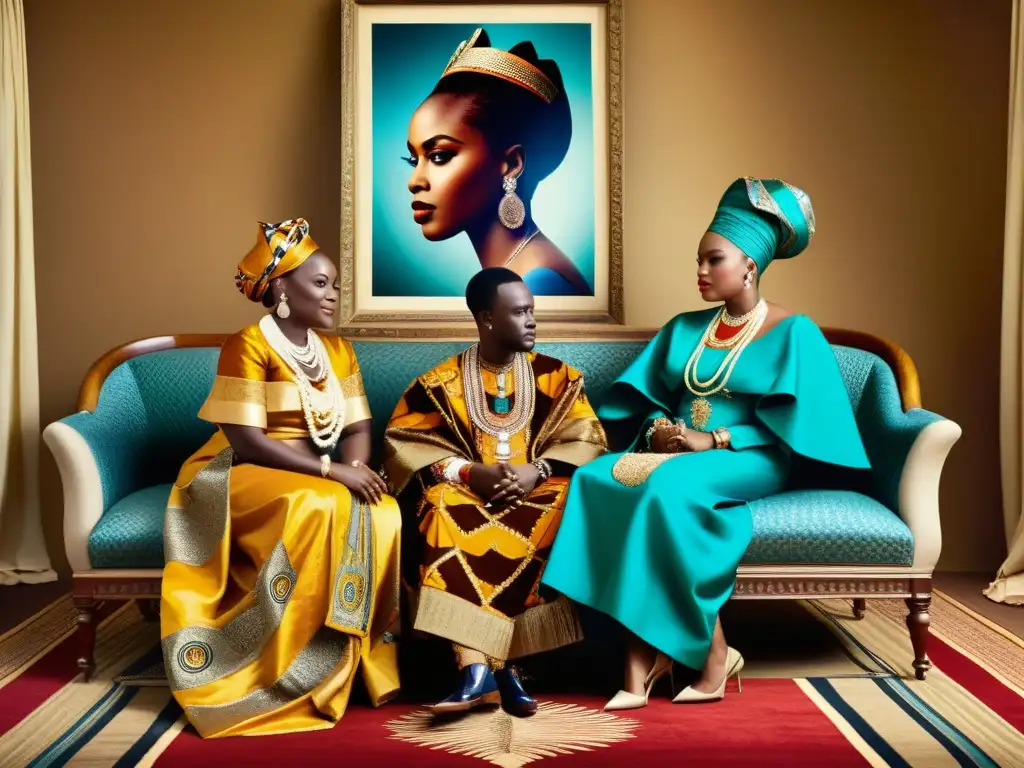 Un retrato vintage de cortes africanas con tejidos exclusivos en un entorno ceremonial opulento, evocando elegancia y herencia cultural