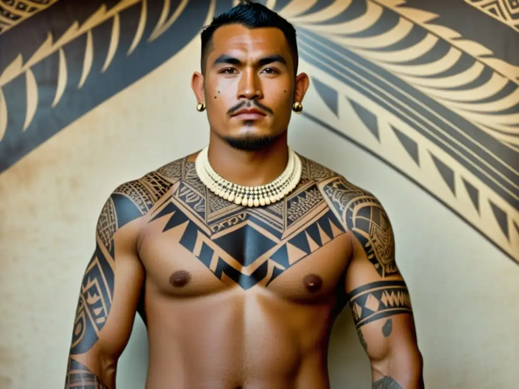 Tatuajes polinesios: arte tradicional y significado cultural Un retrato vintage detallado de un hombre polinesio con tatuajes tribales, revelando la rica historia y significado cultural de esta forma de arte