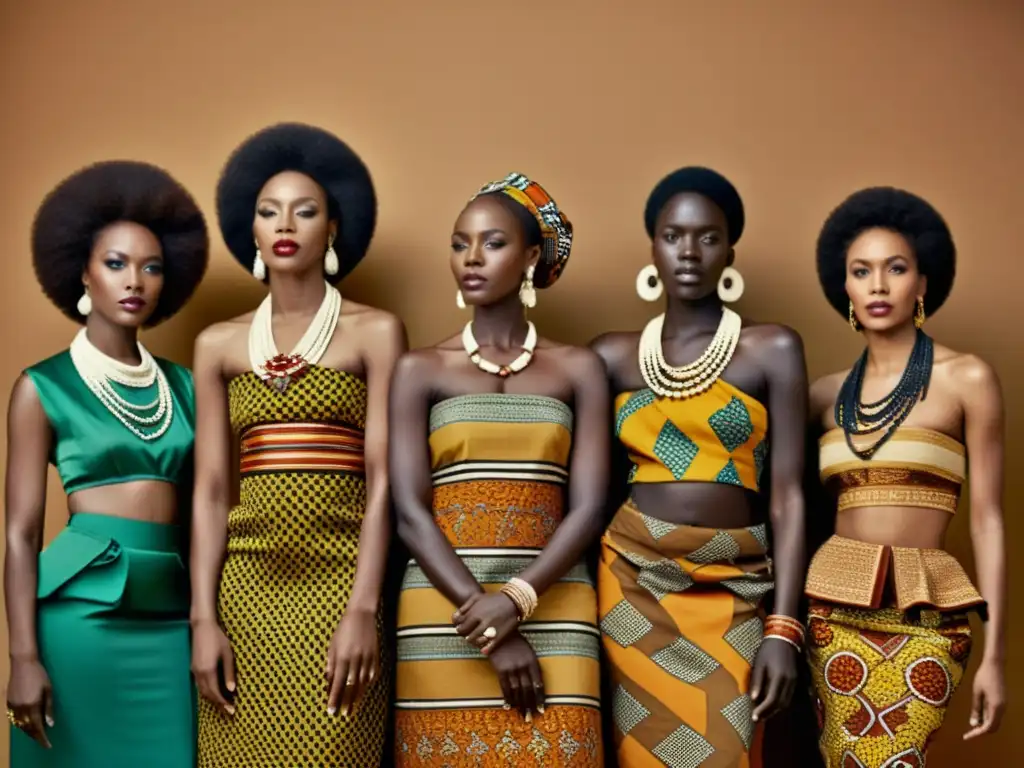 Un retrato vintage impactante que muestra la influencia de tejidos africanos en moda a través de elegantes individuos luciendo atuendos tradicionales