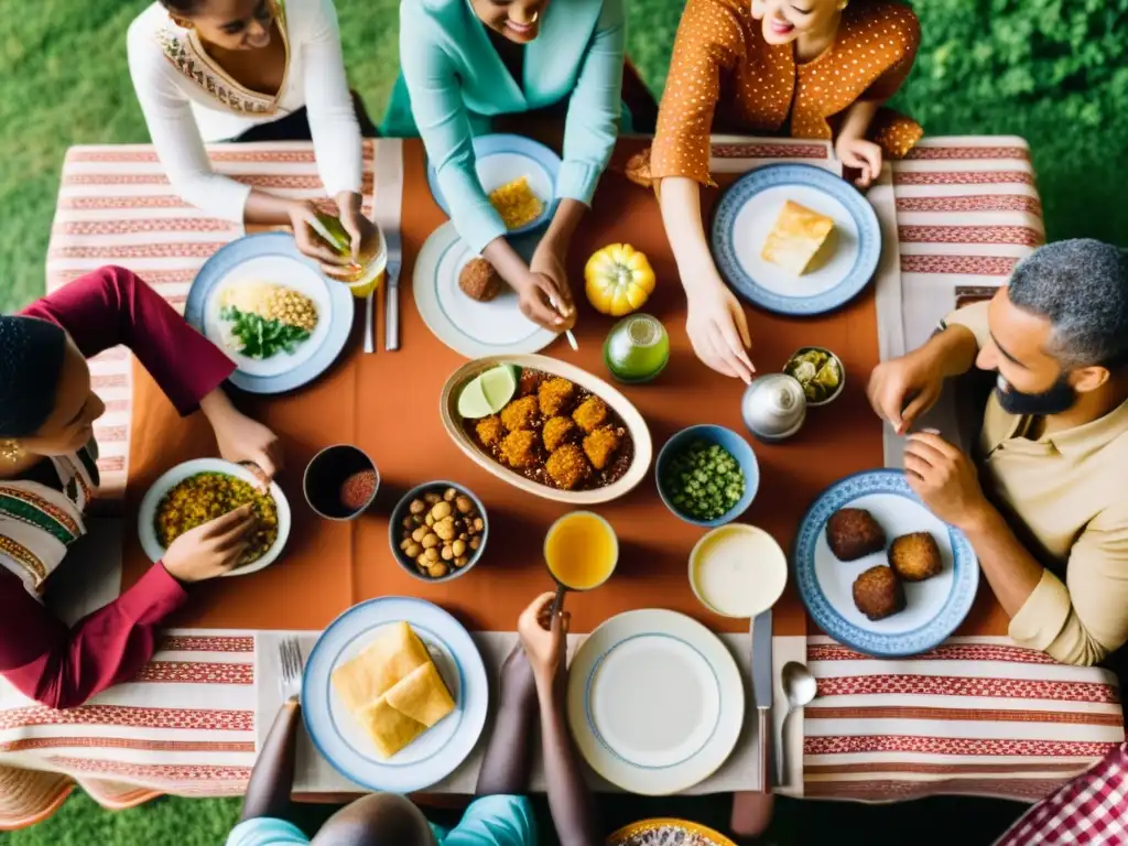 Una reunión multicultura con patrones vibrantes y diversidad en la mesa