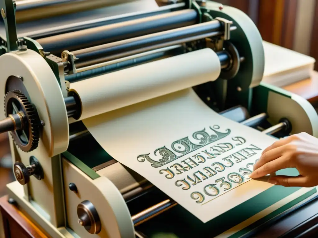 Revitalización de diseños tradicionales papelaría: Detalle de máquina letterpress vintage en acción, prensando elegante diseño floral en papel de lujo