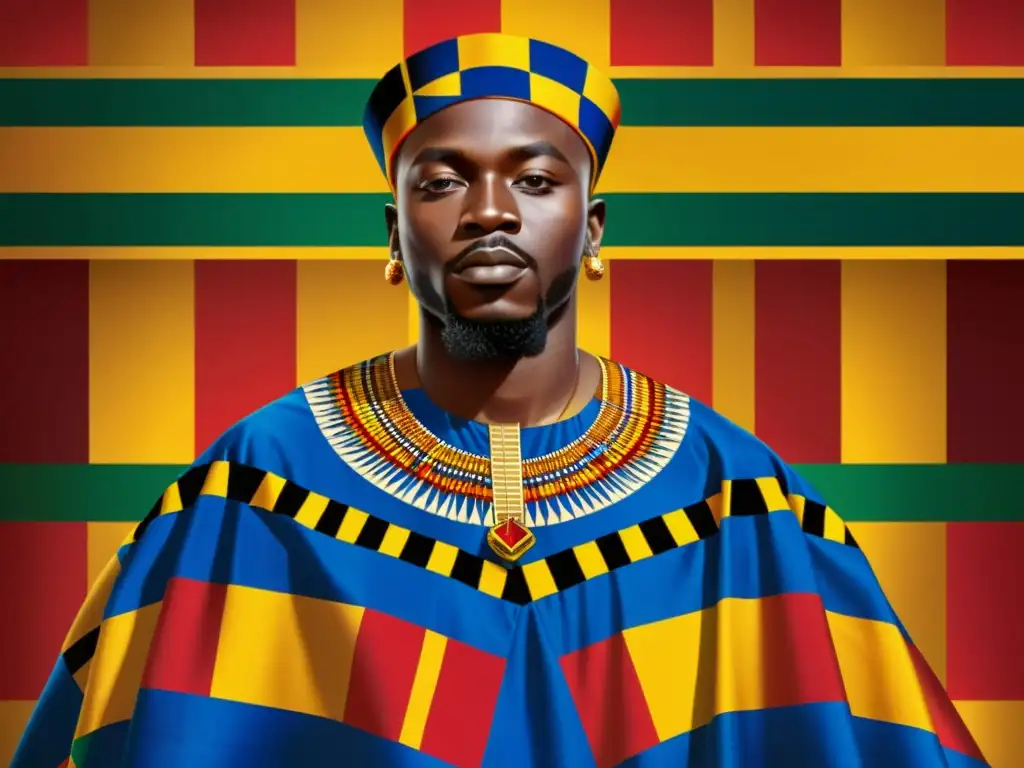 Un rey africano con un manto Kente de colores vibrantes, evocando la realeza y la tradición africana