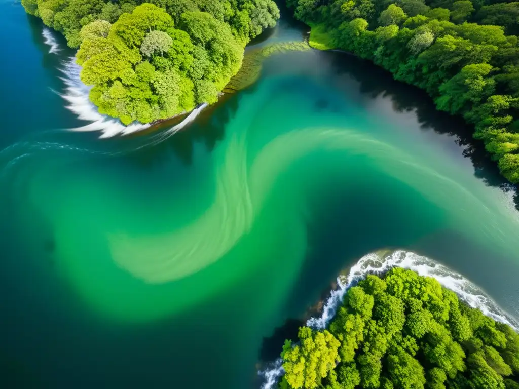 El río serpentea entre un paisaje exuberante, formando remolinos hipnóticos en su superficie