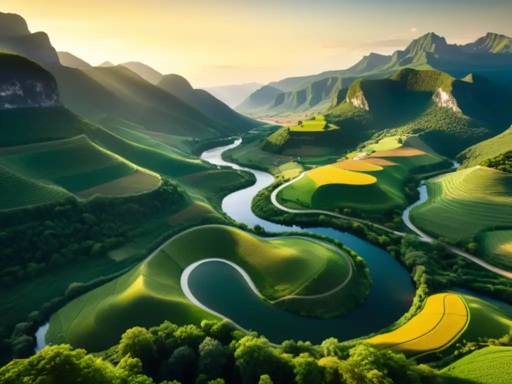 Un río serpenteante refleja la belleza del valle, con el cálido brillo del atardecer