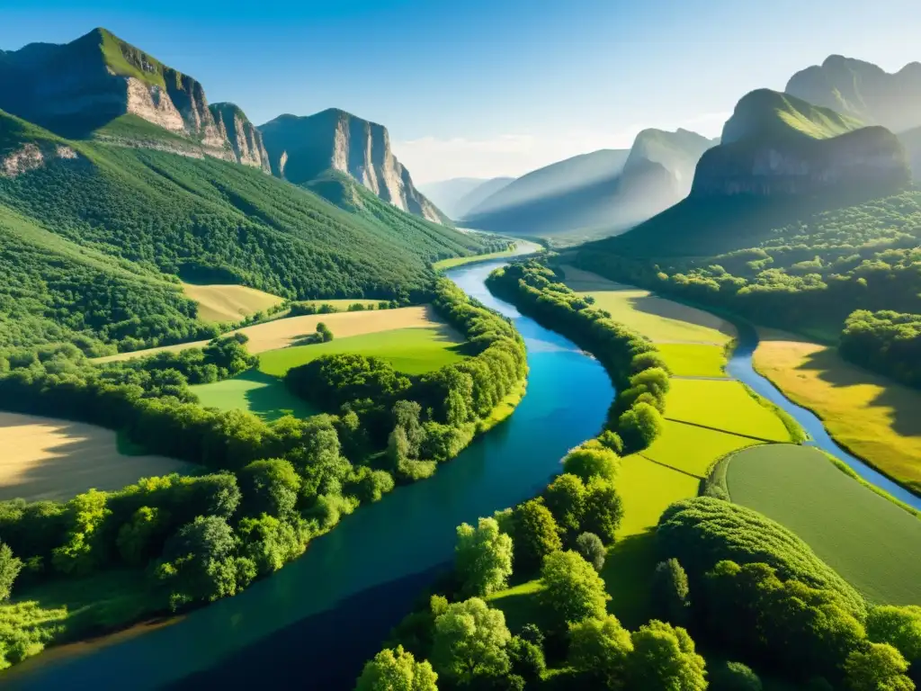 Un río serpenteante fluye entre montañas y árboles, creando patrones fotográficos de paisajes naturales