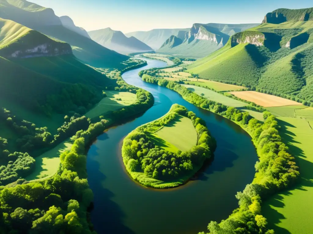 Un río serpenteante fluye a través de un valle verde, con patrones de meandros en geología fluvial