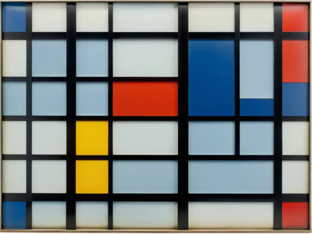 Una fotografía vintage de alta resolución de la icónica pintura 'Composición con Rojo, Azul y Amarillo' de Piet Mondrian, destacando los patrones geométricos y colores primarios