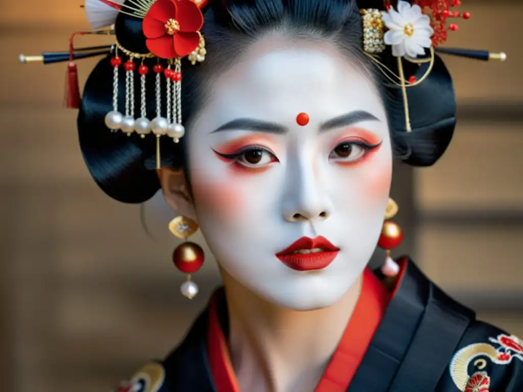 El rostro de una geisha con maquillaje japonés tradicional en belleza, resalta elegancia y significado cultural