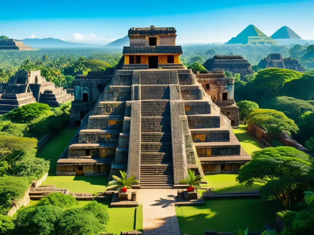 Ruinas aztecas en la selva con patrones históricos en realidad aumentada