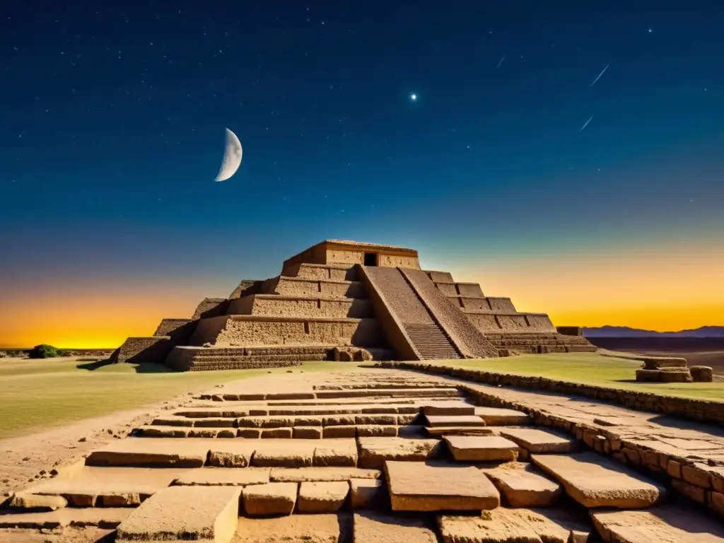 Ruinas de un zigurat sumerio bajo un cielo estrellado, evocando la influencia astral en los patrones de la arquitectura sumeria