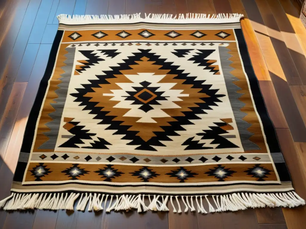 Rústica alfombra vintage Navajo con patrones artísticos en culturas adaptativas, tejida con símbolos tribales en tonos cálidos sobre suelo de madera envejecida