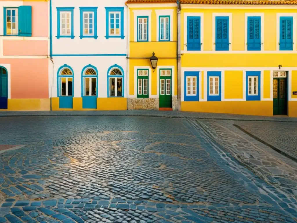 Ruta cerámica decorativa Portugal: Calle empedrada con edificios coloridos y azulejos tradicionales, capturando la esencia artística de Portugal