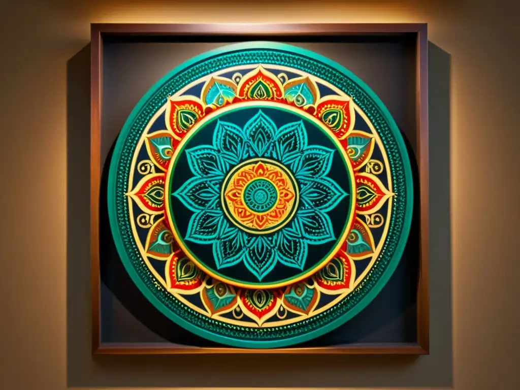 Una mandala sagrada con patrones vibrantes se exhibe en una galería de renombre, irradiando elegancia atemporal