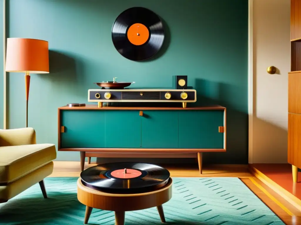 Una sala de estar de diseño retro con mobiliario elegante, patrón geométrico y una paleta de colores retro