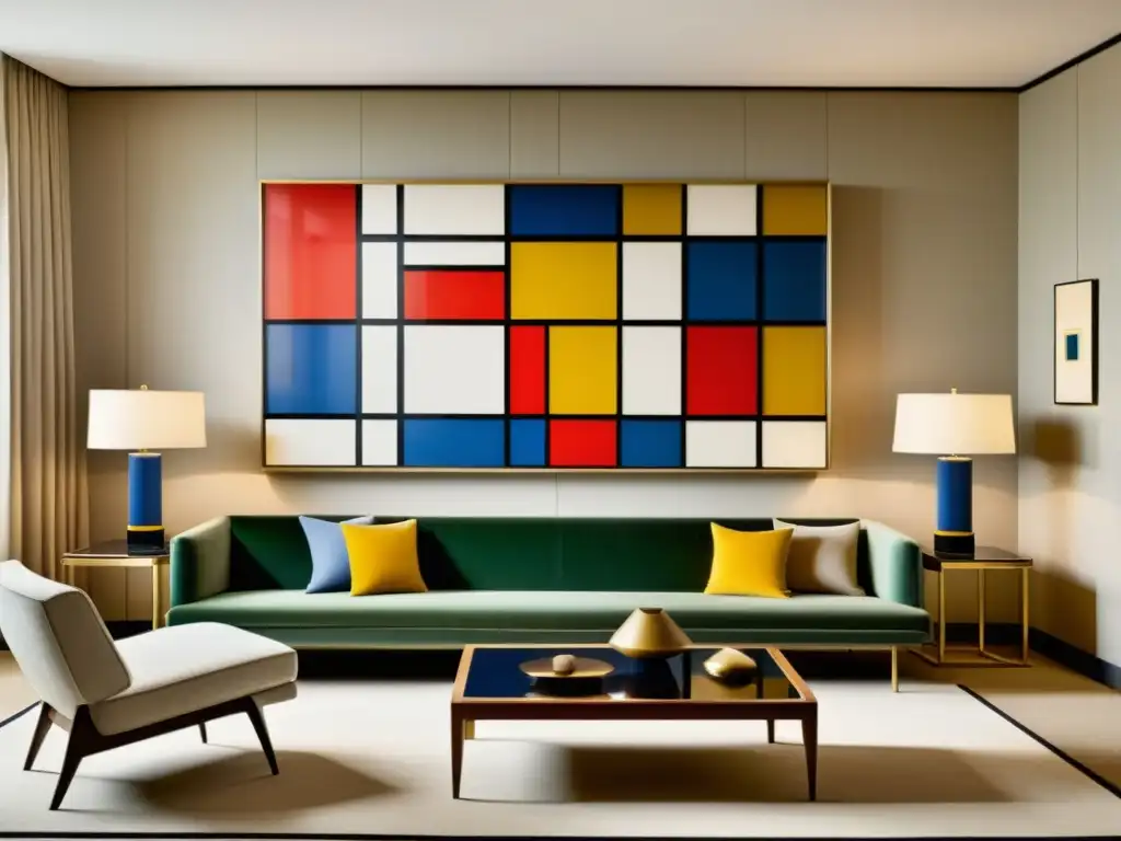 Una sala de colección privada con patrones geométricos de Mondrian, muebles modernos y elegancia atemporal