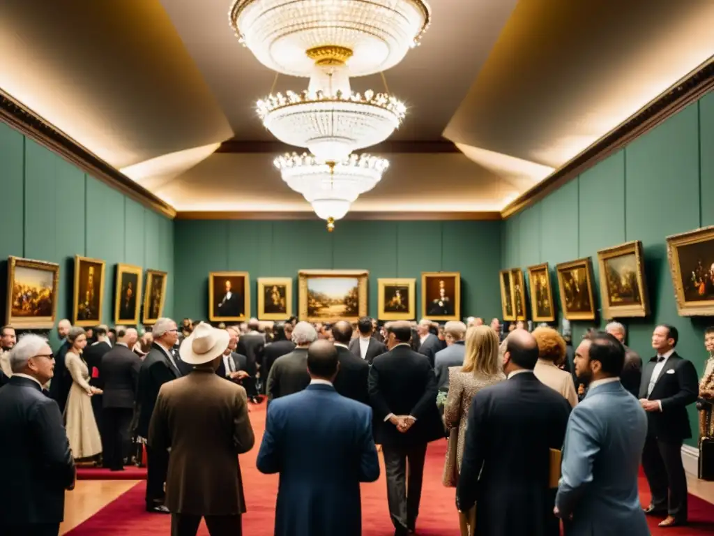 Una sala de subastas de arte vintage llena de elegancia y emoción, con personas pujando por obras de arte bajo la luz cálida de los candelabros