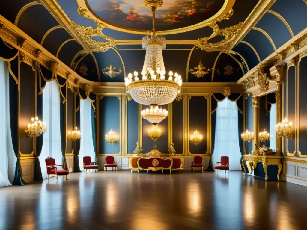 Un salón de baile barroco en un palacio europeo, con opulencia en el diseño europeo y nobles elegantes disfrutando de la danza y la conversación