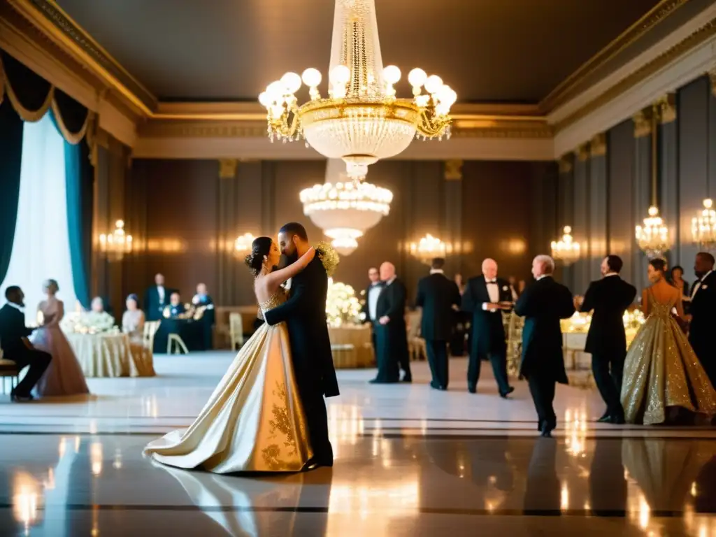 Salón de baile opulento con diseño europeo, nobles elegantes y música de fondo, evocando una atmósfera de lujo