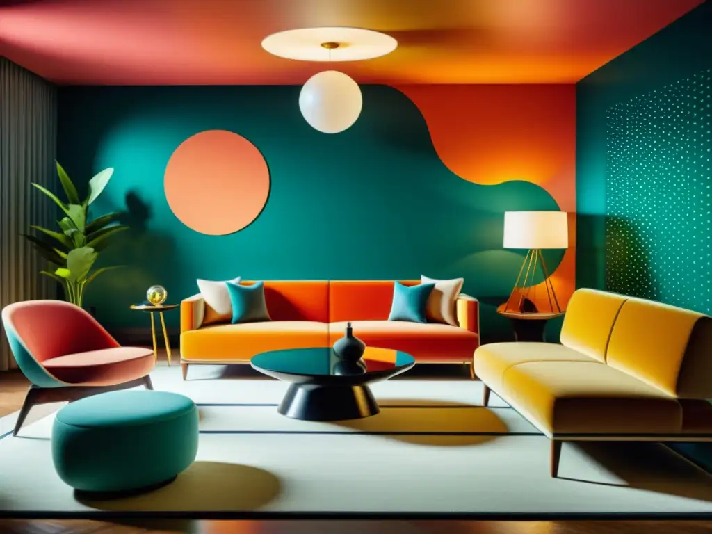 Un salón futurista con patrones de realidad aumentada proyectados en las paredes y muebles, fusionando tecnología y diseño interior