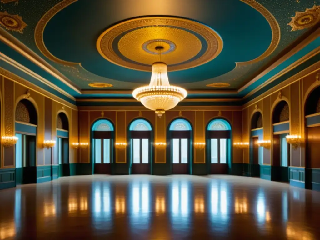 Un salón modernista lujoso con patrones ornamentados, bañado en cálida luz dorada