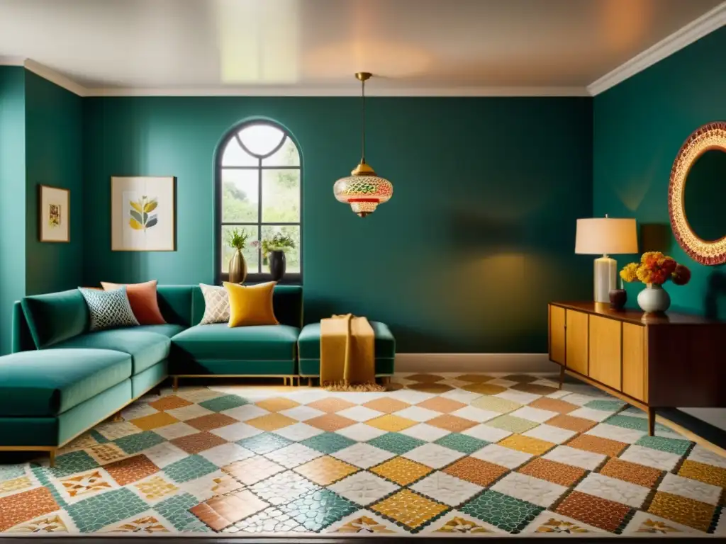 Un salón de inspiración vintage con mosaicos árabes para decoración interior, vibrantes colores y patrones geométricos