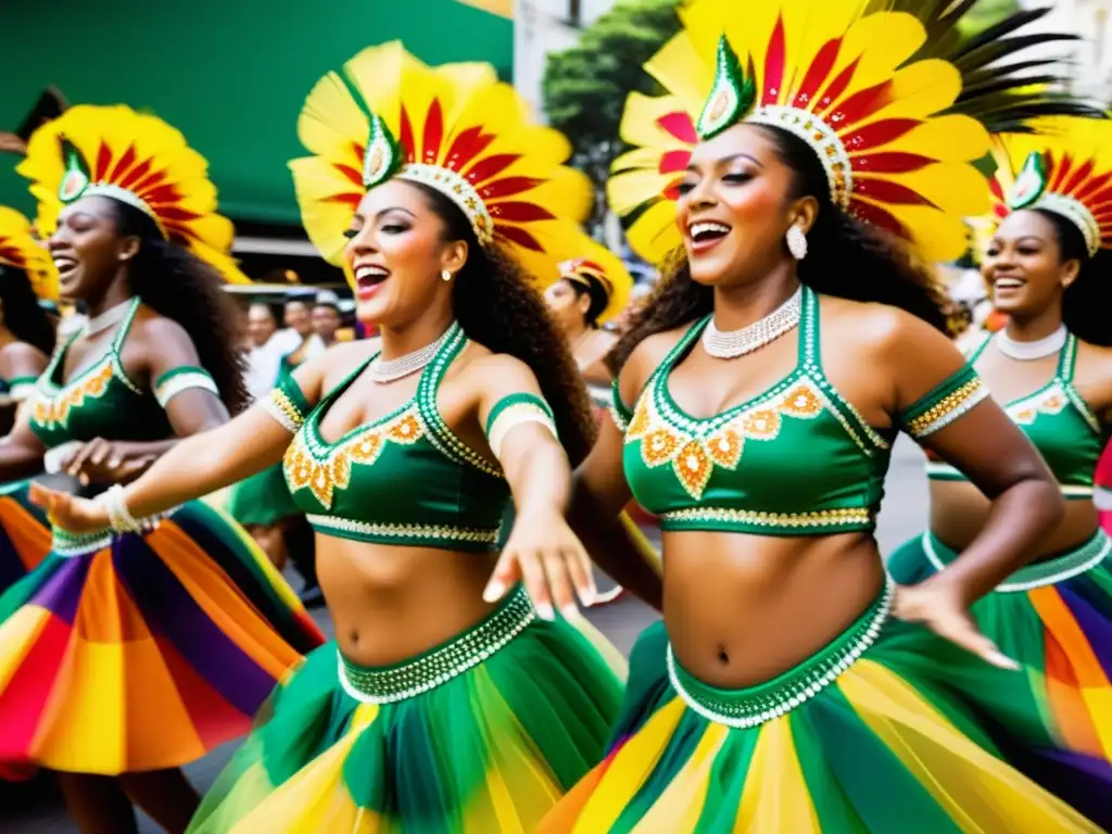 Samba dancers en vibrantes trajes tradicionales crean un efecto caleidoscópico durante el carnaval en Río de Janeiro