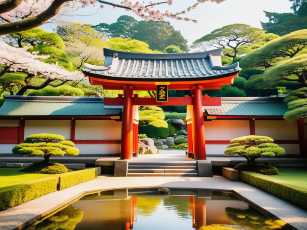 Un santuario Shinto bellamente decorado en un apacible jardín japonés, con torii rojos vibrantes y exuberante vegetación