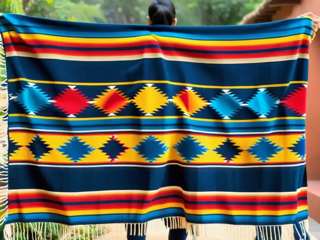 Un sarape mexicano vibrante con patrones geométricos en rojo, amarillo y azul, y borlas en los bordes